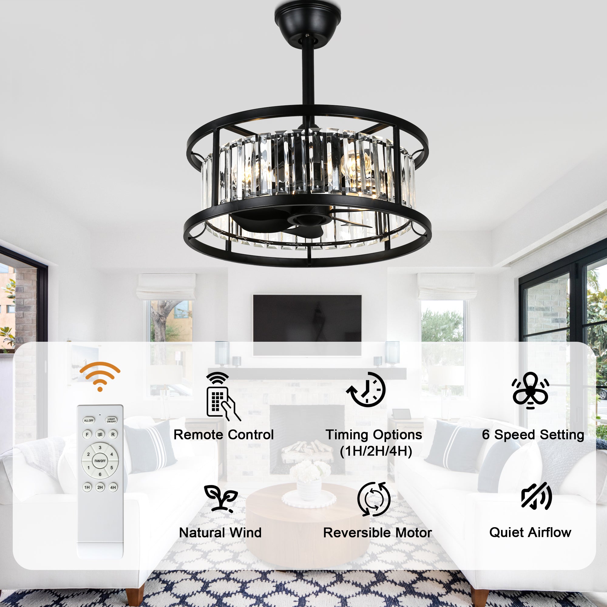 20 Inch Modern Glam Crystal Drum Cage Ceiling Fan with Light and Remote, 6-Speed Reversible DC Motor Bladeless Ceiling Fan with Crystals