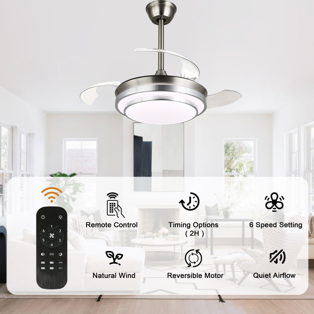 36 Inch Chrome Modern Retractable Ceiling Fan with LED Light and Remote, 6 Speeds DC Motor Bladeless Fandelier Ceiling Fan
