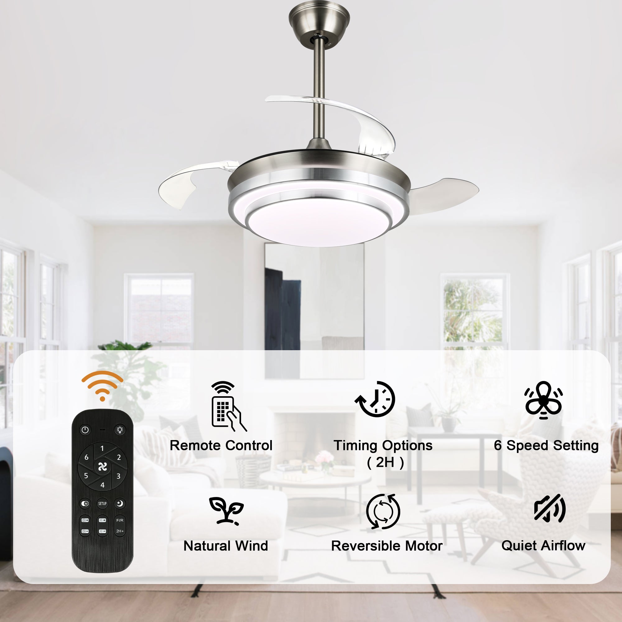 36 Inch Chrome Modern Retractable Ceiling Fan with LED Light and Remote, 6 Speeds DC Motor Bladeless Fandelier Ceiling Fan
