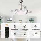 42 Inch Chrome Modern Retractable Ceiling Fan with Dimmable LED Light and Remote, 6 Speeds DC Motor Reversible Fandelier Ceiling Fan