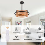 Bohemian 20 Inch Rattan Caged Retractable Ceiling Fan with Light Quiet DC Motor Reversible Down Rod Ceiling Fan with Light Farmhouse Remote Control and Adjustable 6 Speed Ceiling Fan Suit for Bedrooms, Kitchens, Living Rooms