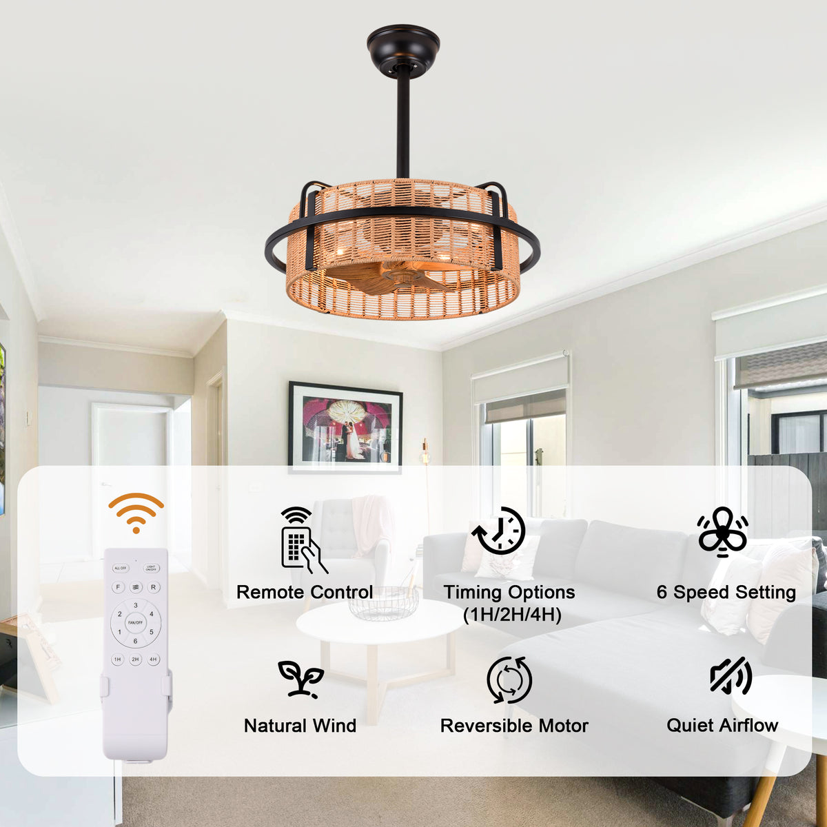 Bohemian 20 Inch Rattan Caged Retractable Ceiling Fan with Light Quiet DC Motor Reversible Down Rod Ceiling Fan with Light Farmhouse Remote Control and Adjustable 6 Speed Ceiling Fan Suit for Bedrooms, Kitchens, Living Rooms