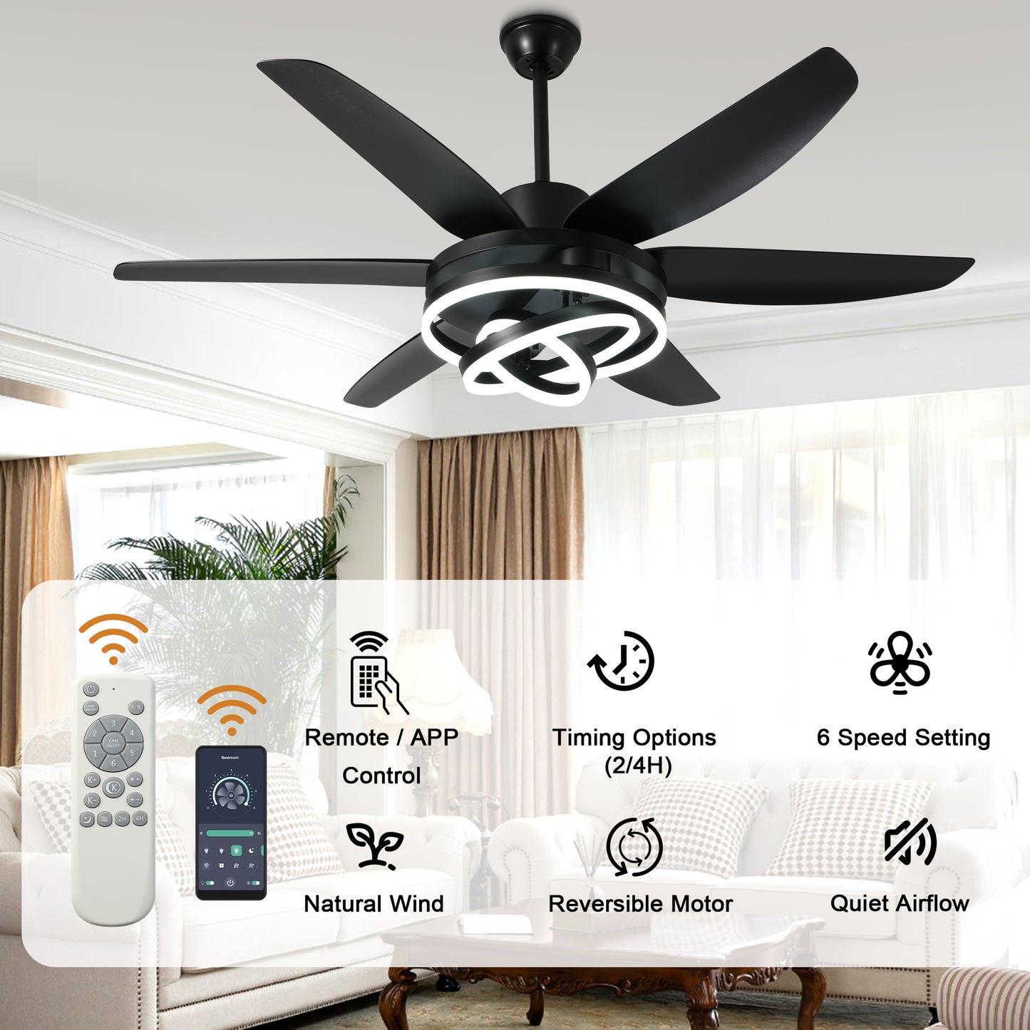 GED5614-BellaDepot 56" Modern Contemporary Black LED Ceiling Fan, 6 Speeds Ceiling Fan with Light Remote Control for All Seasons