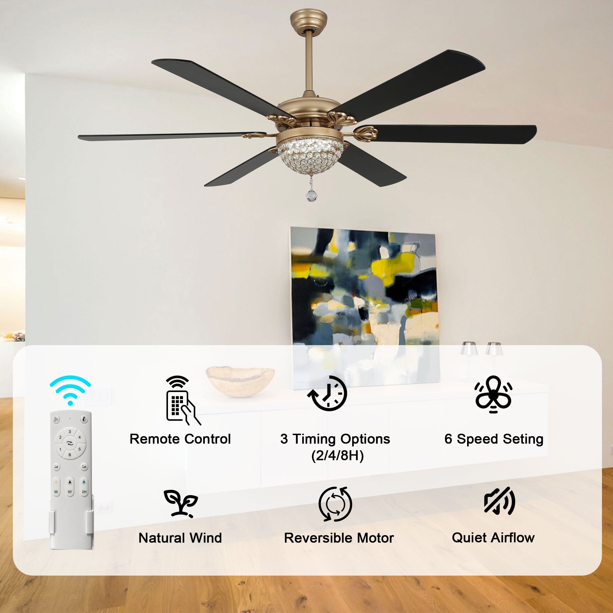 65 Inch Black/Chrome Modern Glam Crystal Ceiling Fan with Dimmable LED Light and Remote, 6 Speeds DC Motor Ceiling Fan with Crystals