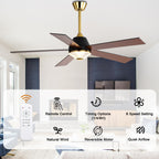 52 Inch Black and Gold Modern Ceiling Fan with LED Light and Remote Control, 6 Speeds DC Motor 5-Blade Reversible Ceiling Fan for Living Room