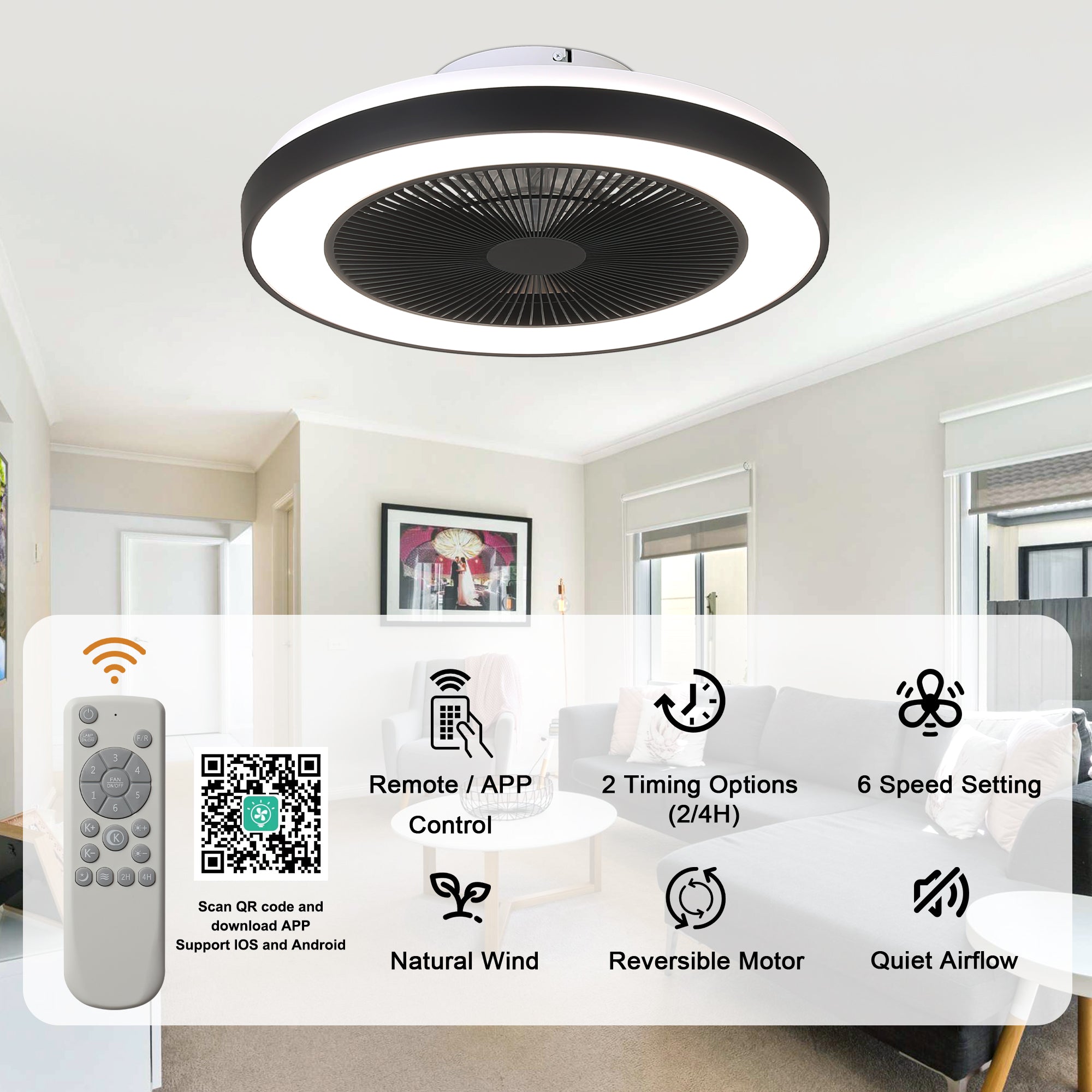 19 Inch Modern Smart Flush Mount Ceiling Fan with Dimmable LED Light and Remote, 6 Speeds DC Motor Bladeless Ceiling Fan for Low Profile with RGB Light