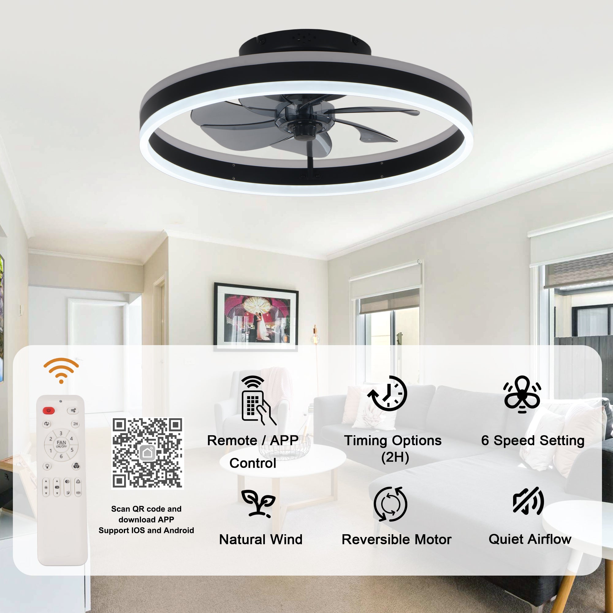 20 Inch Modern Smart Flush Mount Ceiling Fan with Dimmable LED Light and Remote, 6 Speeds DC Motor Reversible Bladeless Celing Fan for Bedroom