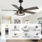 52 Inch Black Farmhouse Ceiling Fan with Lights and Remote Control,6 Speeds Dual-Finish Blades Caged Ceiling Fan