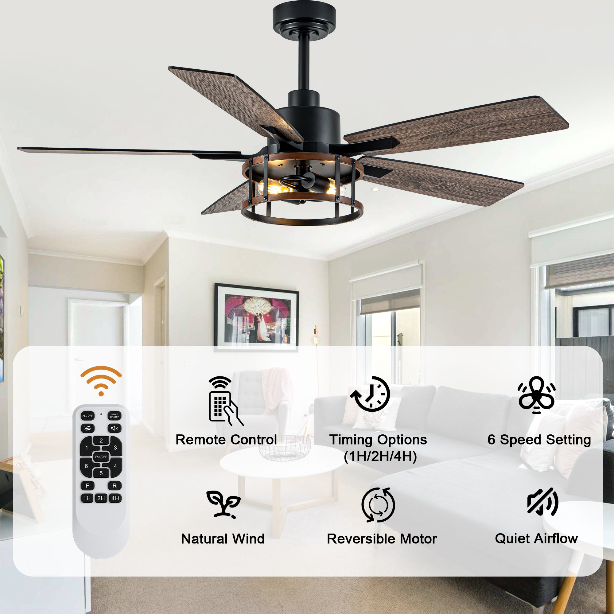 52 Inch Black Farmhouse Ceiling Fan with Lights and Remote Control,6 Speeds Dual-Finish Blades Caged Ceiling Fan