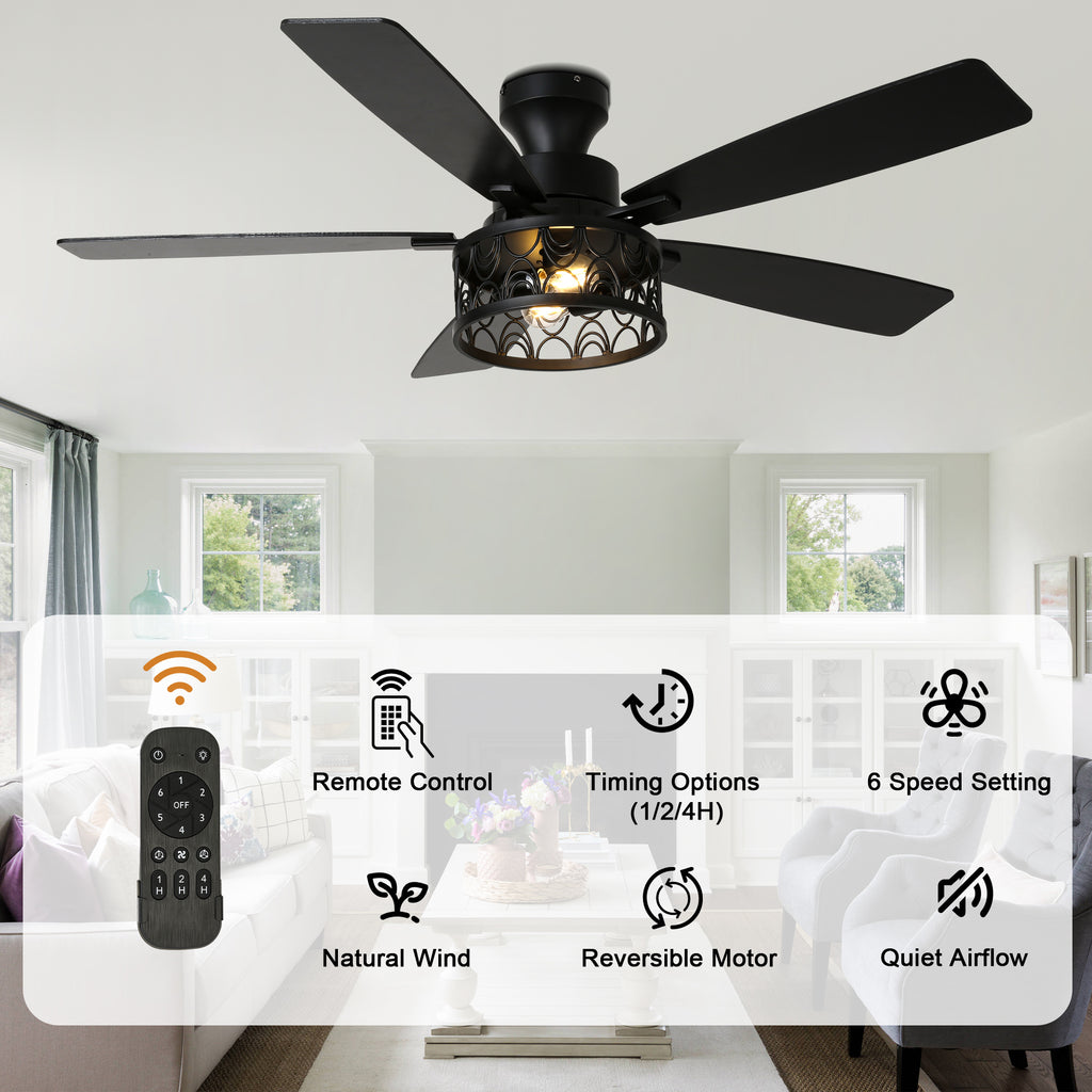 52 Inch Industrial Flush Mount Ceiling Fan with Lights and Remote Control, 6 Speeds Reversible Caged Ceiling Fan for Low Profile