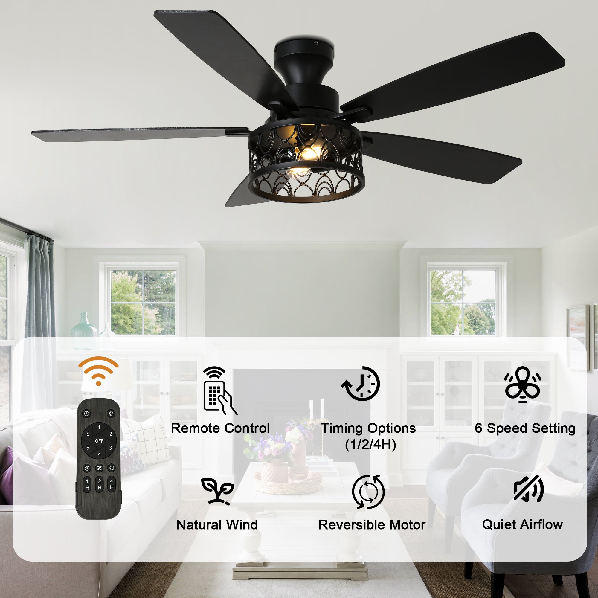 52 Inch Industrial Flush Mount Ceiling Fan with Lights and Remote Control, 6 Speeds Reversible Caged Ceiling Fan for Low Profile