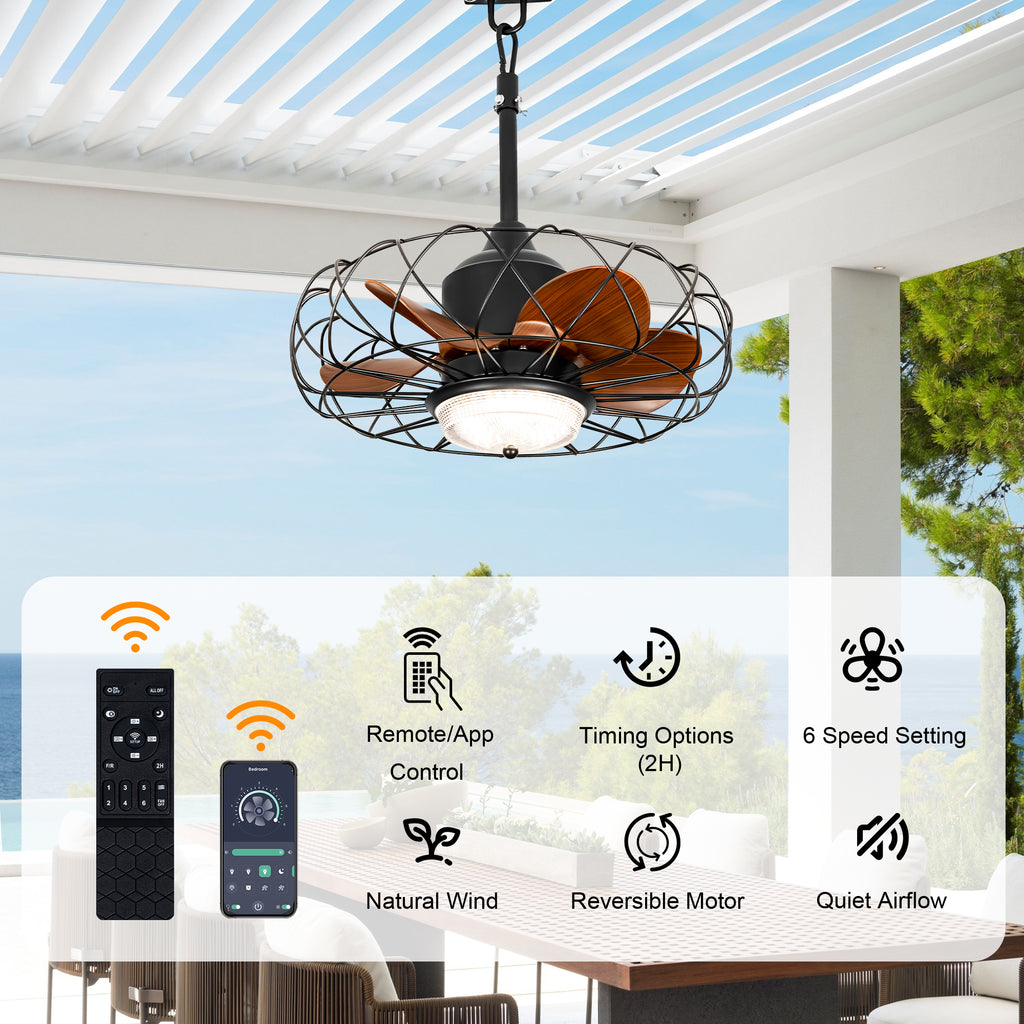 21 Inch Outdoor Caged Ceiling Fan with LED Light and Remote & APP Control, 6-Speed Reversible Modern Waterproof Industrial Ceiling Fan for Patio