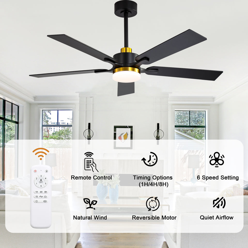 52 Inch Modern Ceiling Fan with LED Light and Remote Control, 6 Speeds Quiet DC Motor Black and Gold Ceiling Fan for Living Room