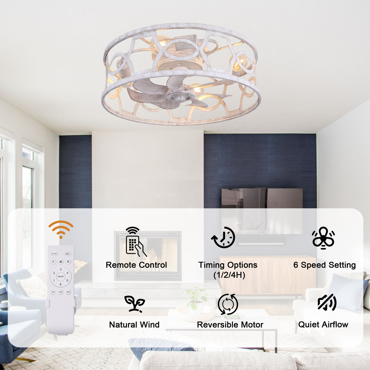 Industrial 20 Inch Caged Flush Mount Ceiling Fan with Light Quiet Reversible DC Motor with Remote Control Small Ceiling Fan Modern 7 Blades Ceiling Fan with Light Suit for Bedroom，Kitchen