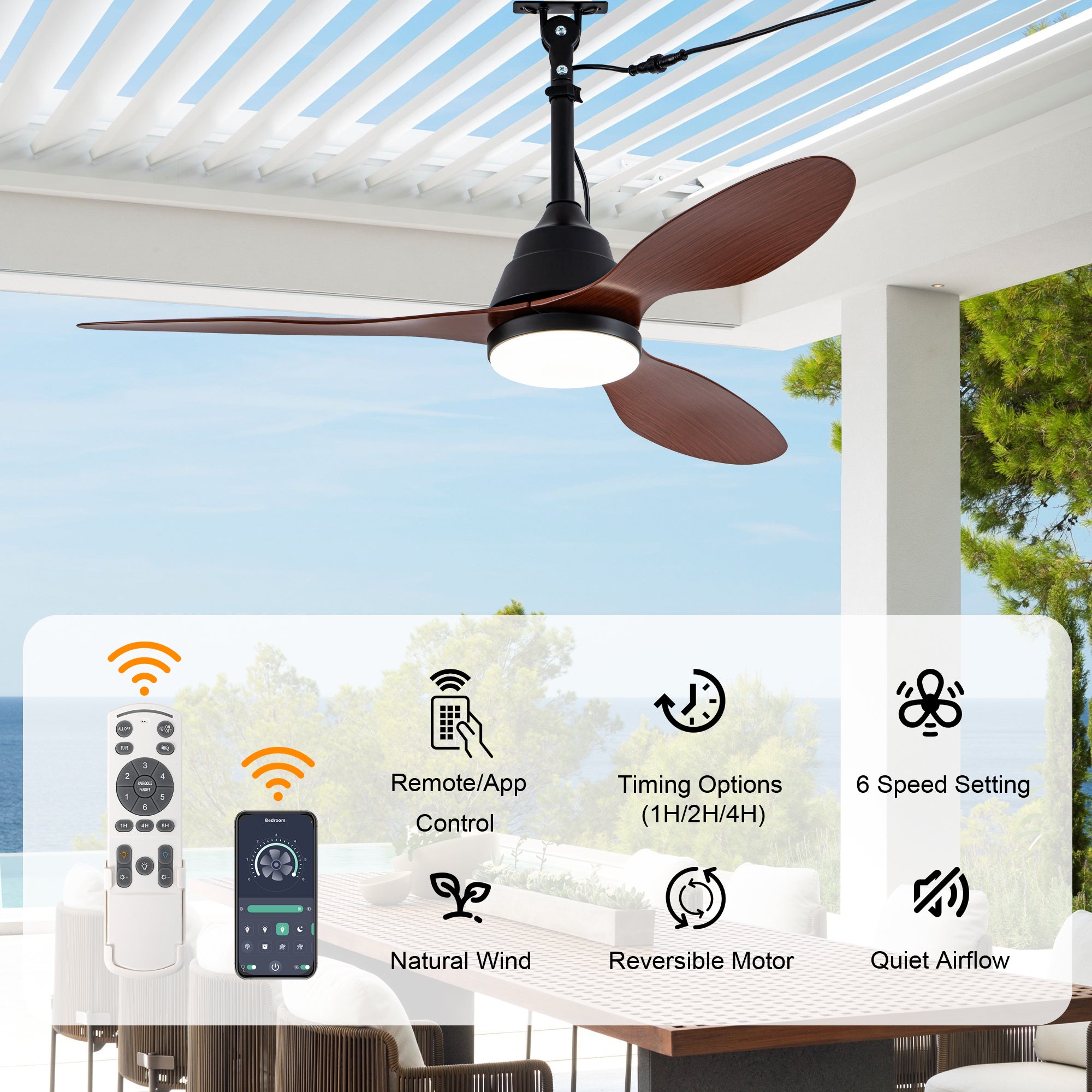42 Inch Modern Farmhouse Smart Outdoor Ceiling Fan with Dimmable LED and Remote, 6-Speed 3-Blade Waterproof Ceiling Fans Plug In Outside Patio Fan
