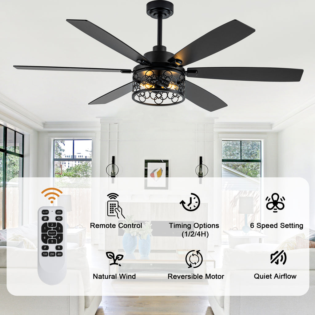 Modern 60 Inch Industrial Caged Ceiling Fan with Light Reversible Quiet DC Motor with 6 Speed Remote Control Ceiling Fan Adjustable Down Rodes Ceiling Fan with Light Suit for Bedroon,Living Room