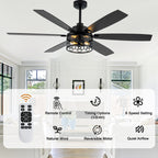 Modern 60 Inch Industrial Caged Ceiling Fan with Light Reversible Quiet DC Motor with 6 Speed Remote Control Ceiling Fan Adjustable Down Rodes Ceiling Fan with Light Suit for Bedroon,Living Room