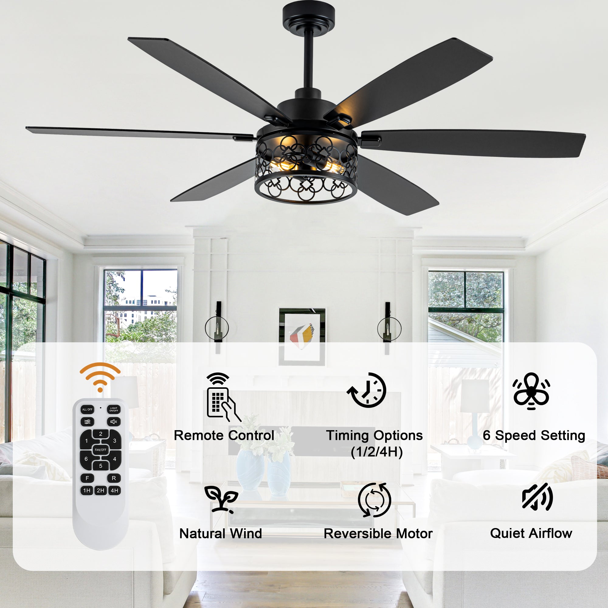 Modern 60 Inch Industrial Caged Ceiling Fan with Light Reversible Quiet DC Motor with 6 Speed Remote Control Ceiling Fan Adjustable Down Rodes Ceiling Fan with Light Suit for Bedroon,Living Room