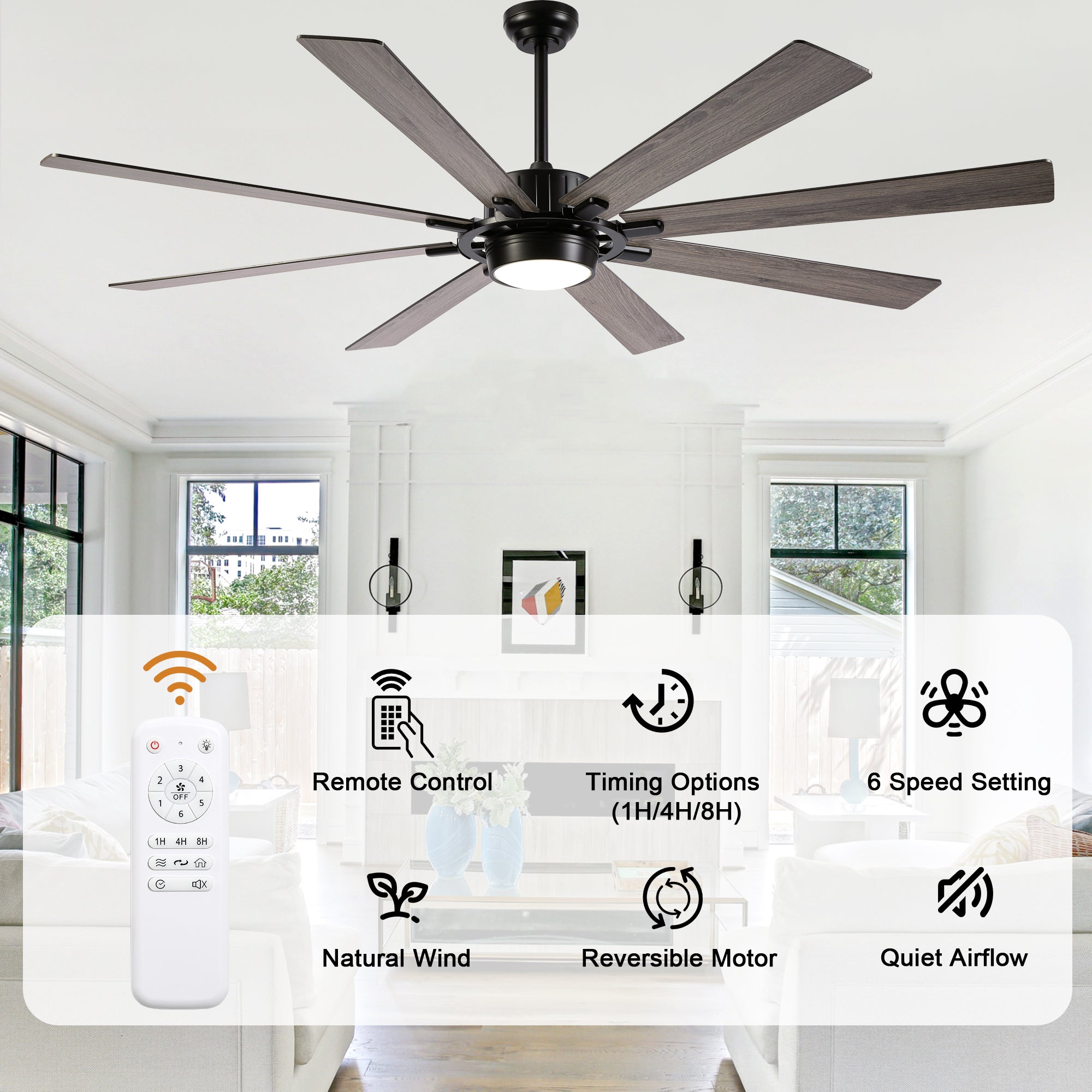 72 Inch 8-Blade Black Farmhouse Extra Large Ceiling Fan with LED Light and Remote, 6 Speeds DC Motor Reversible Ceiling Fan for Large Room