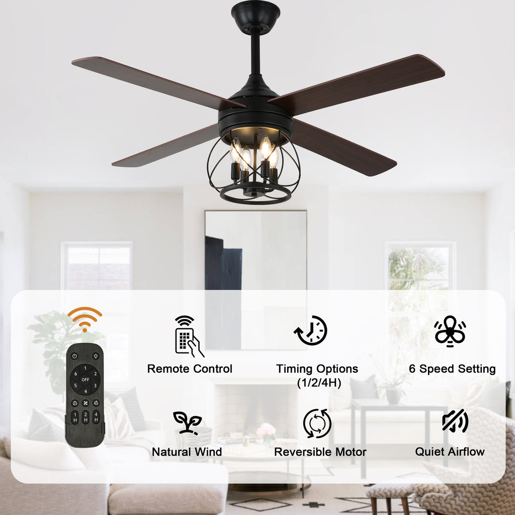 52 Inch Rustic Black Ceiling Fan with Lights and Remote, 6-Speed DC Motor Reversible Farmhouse Industrial Ceiling Fan