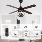 52 Inch Rustic Black Ceiling Fan with Lights and Remote, 6-Speed DC Motor Reversible Farmhouse Industrial Ceiling Fan