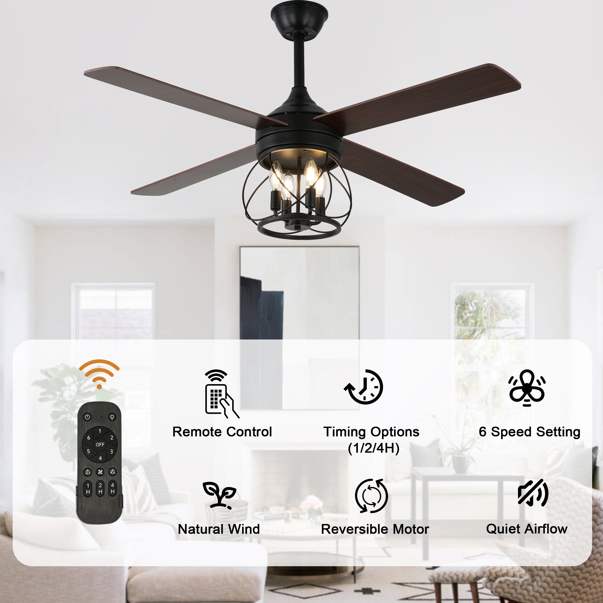 52 Inch Rustic Black Ceiling Fan with Lights and Remote, 6-Speed DC Motor Reversible Farmhouse Industrial Ceiling Fan