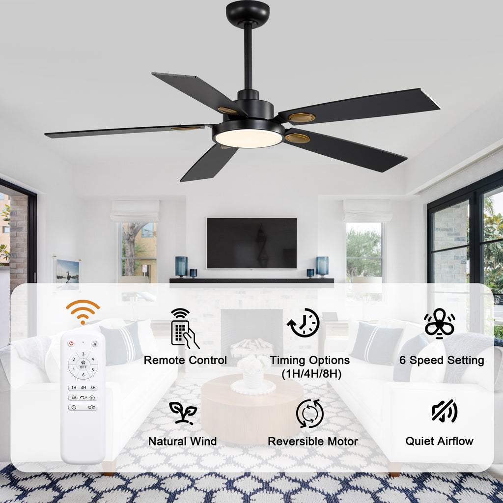 52 Inch Modern LED Ceiling Fan with Light and Remote,6 Speeds DC Motor Reversible Ceiling Fan for Living Room