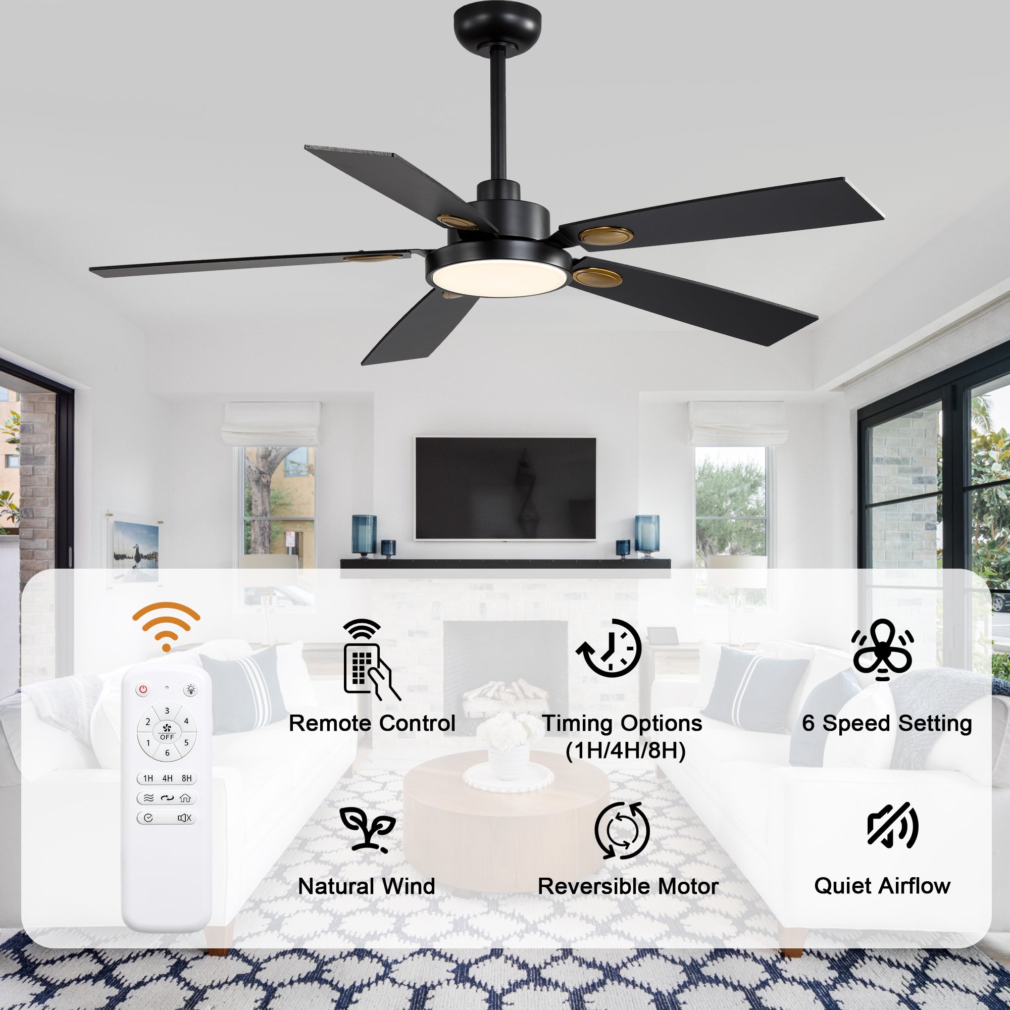 52 Inch Modern LED Ceiling Fan with Light and Remote,6 Speeds DC Motor Reversible Ceiling Fan for Living Room