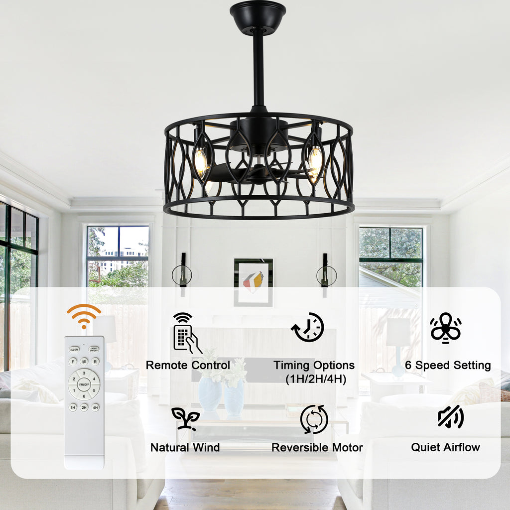 19 Inch Modern Black Caged Ceiling Fan with Lights and Remote Control, 6 Speeds DC Motor Fandelier Bladeless Ceiling Fan