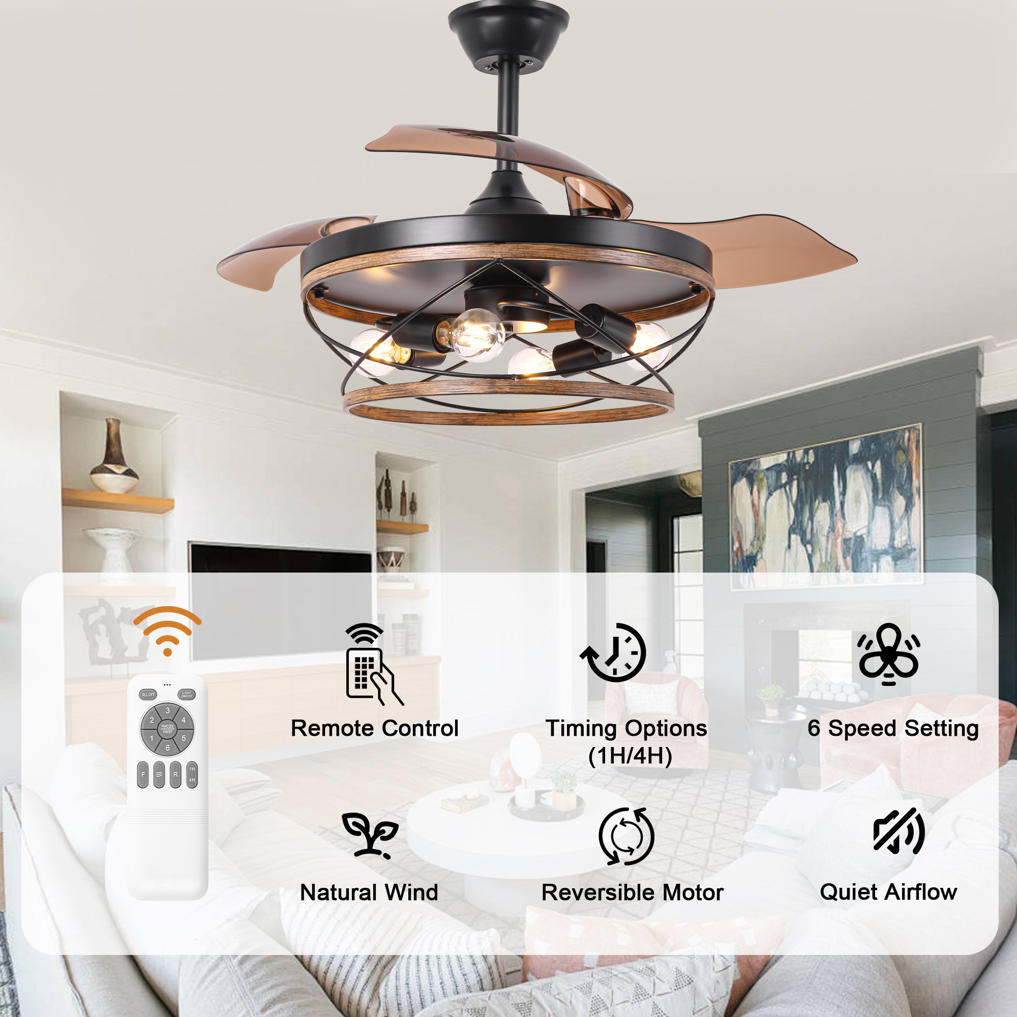 42 Inch Farmhouse Retractable Ceiling Fan with Lights and Remote Control, 6 Speeds Reversible Bladeless Ceiling Fan for Bedroom