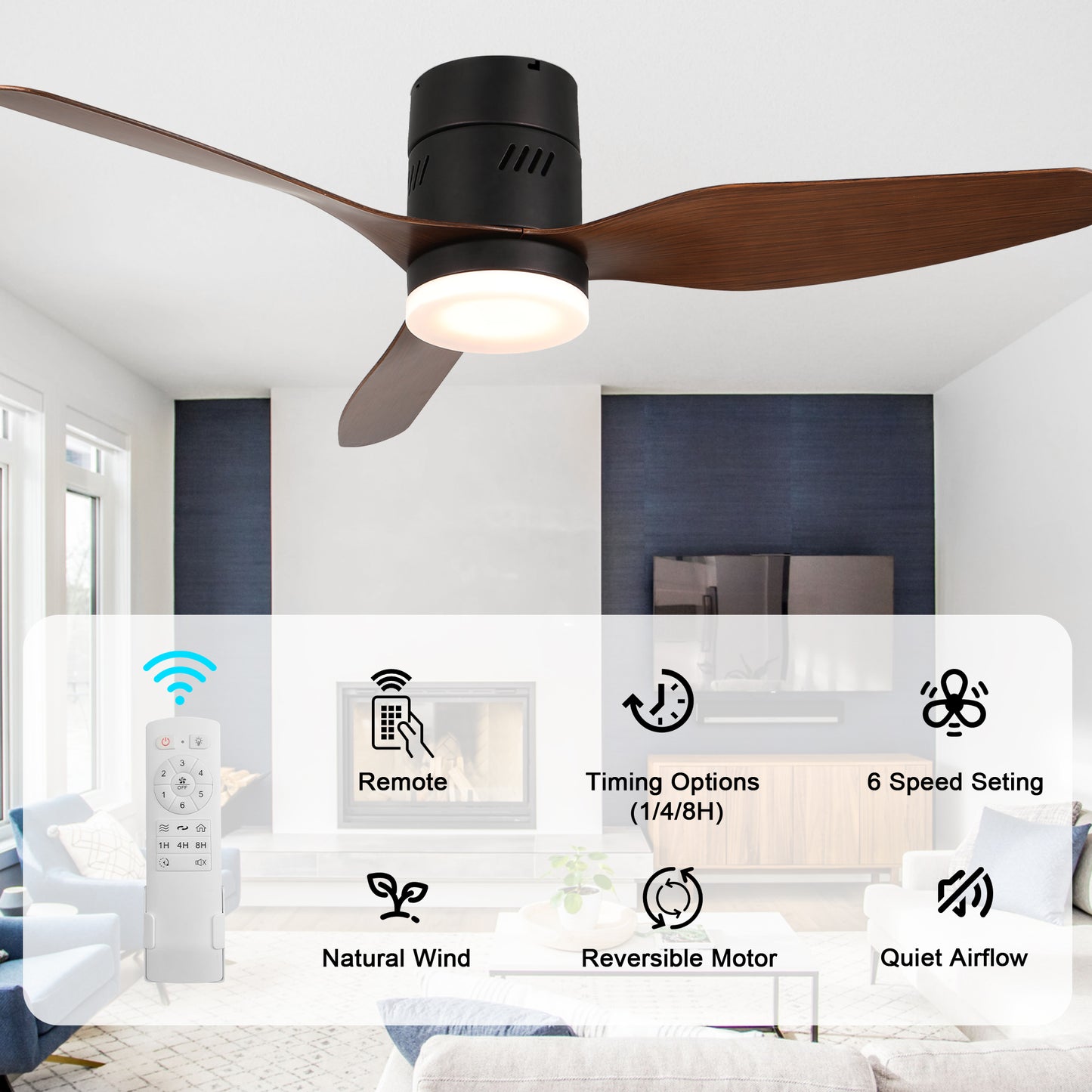 DC4601GED-46" 3 Blades Simple Modern Flush Mounted Reversible Ceiling Fan with Remote and LED Light Kit Included, 6-speed Dimmable Ceiling Fan