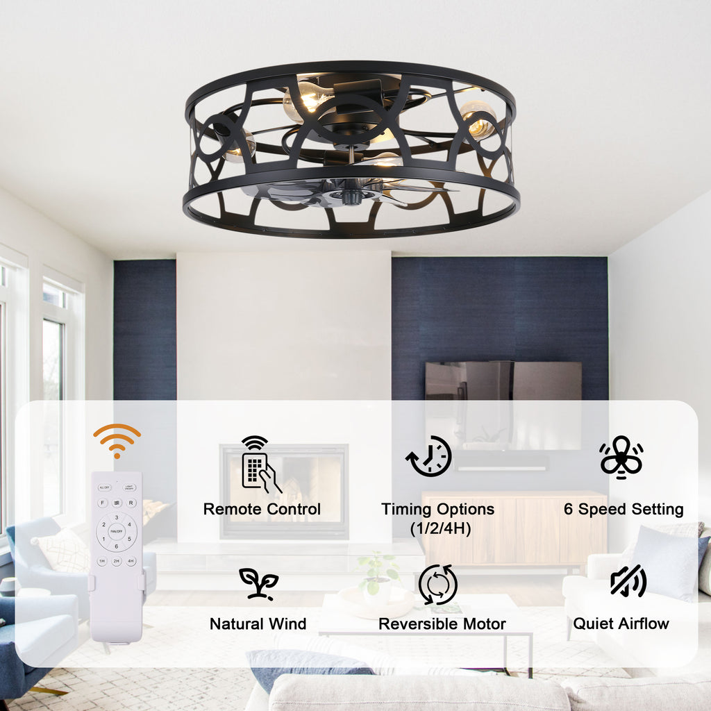 Industrial 20 Inch Caged Flush Mount Ceiling Fan with Light Quiet Reversible DC Motor with Remote Control Small Ceiling Fan Modern 7 Blades Ceiling Fan with Light Suit for Bedroom，Kitchen