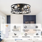 Industrial 20 Inch Caged Flush Mount Ceiling Fan with Light Quiet Reversible DC Motor with Remote Control Small Ceiling Fan Modern 7 Blades Ceiling Fan with Light Suit for Bedroom，Kitchen