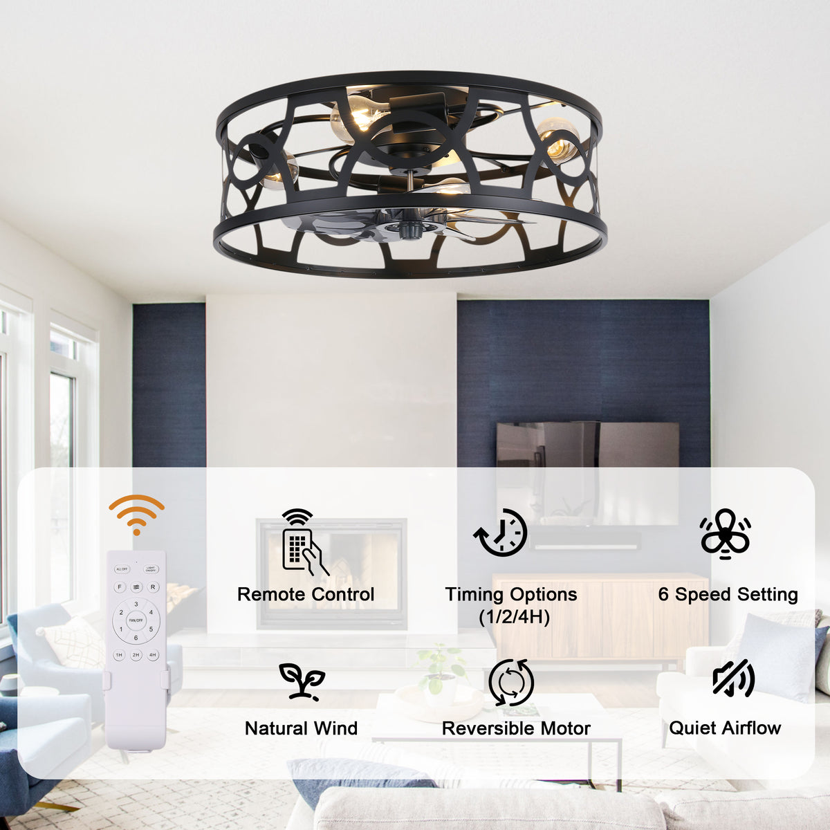 Industrial 20 Inch Caged Flush Mount Ceiling Fan with Light Quiet Reversible DC Motor with Remote Control Small Ceiling Fan Modern 7 Blades Ceiling Fan with Light Suit for Bedroom，Kitchen