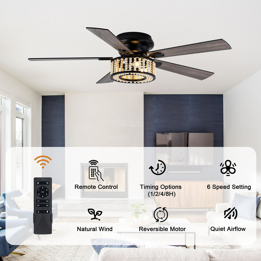 Bohemian 52 Inch Flush Mount Ceiling Fan with Light Quiet DC Motor Reversible 5 Fan Blades Farmhouse Ceiling Fan with Light Remote Control 6 Adjustable Speed Ceiling Fan Suit for Bedrooms, Kitchens, Living Rooms
