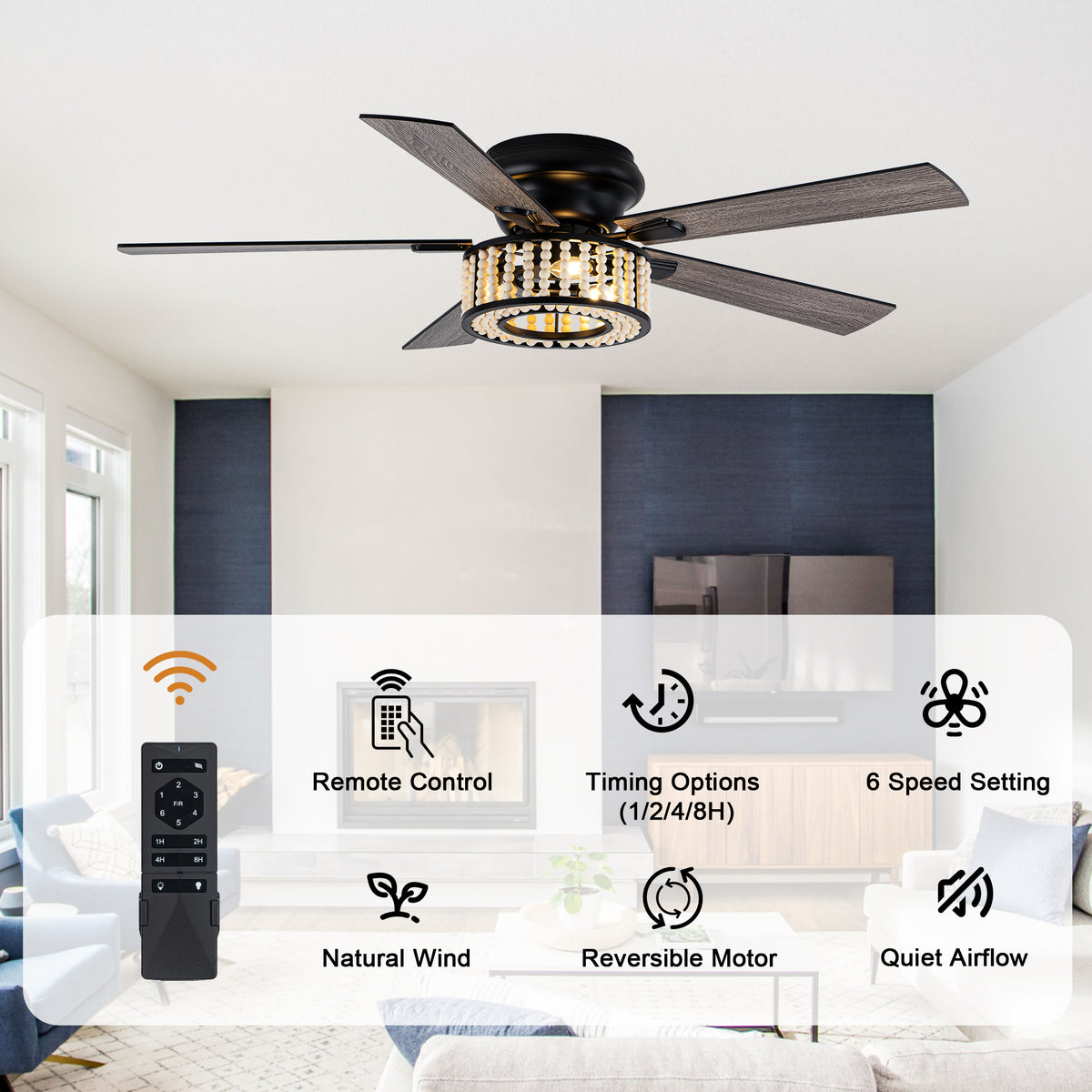 Bohemian 52 Inch Flush Mount Ceiling Fan with Light Quiet DC Motor Reversible 5 Fan Blades Farmhouse Ceiling Fan with Light Remote Control 6 Adjustable Speed Ceiling Fan Suit for Bedrooms, Kitchens, Living Rooms