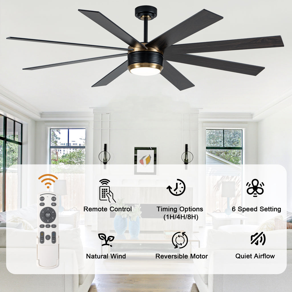 72 Inches Extra Large Ceiling Fan with Dimmable LED Light and Remote, 6 Speeds DC Motor Black Ceiling Fan 8-Blade Reversible Ceiling Fan for Large Room