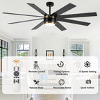 72 Inches Extra Large Ceiling Fan with Dimmable LED Light and Remote, 6 Speeds DC Motor Black Ceiling Fan 8-Blade Reversible Ceiling Fan for Large Room