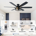 Farmhouse 60 Inch Flush Mount Ceiling Fan with Light Reversible Quiet DC Motor 6 Speed Ceiling Fan with Light Caged Timming Remote Control Ceiling Fan with Light Suit for Bedrooms, Kitchens, Living Rooms
