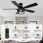 52 Inch Black Farmhouse Industrial Flush Mount Ceiling Fan with Lights and Remote, 6 Speeds DC Motor Reversible Low Profile Ceiling Fan