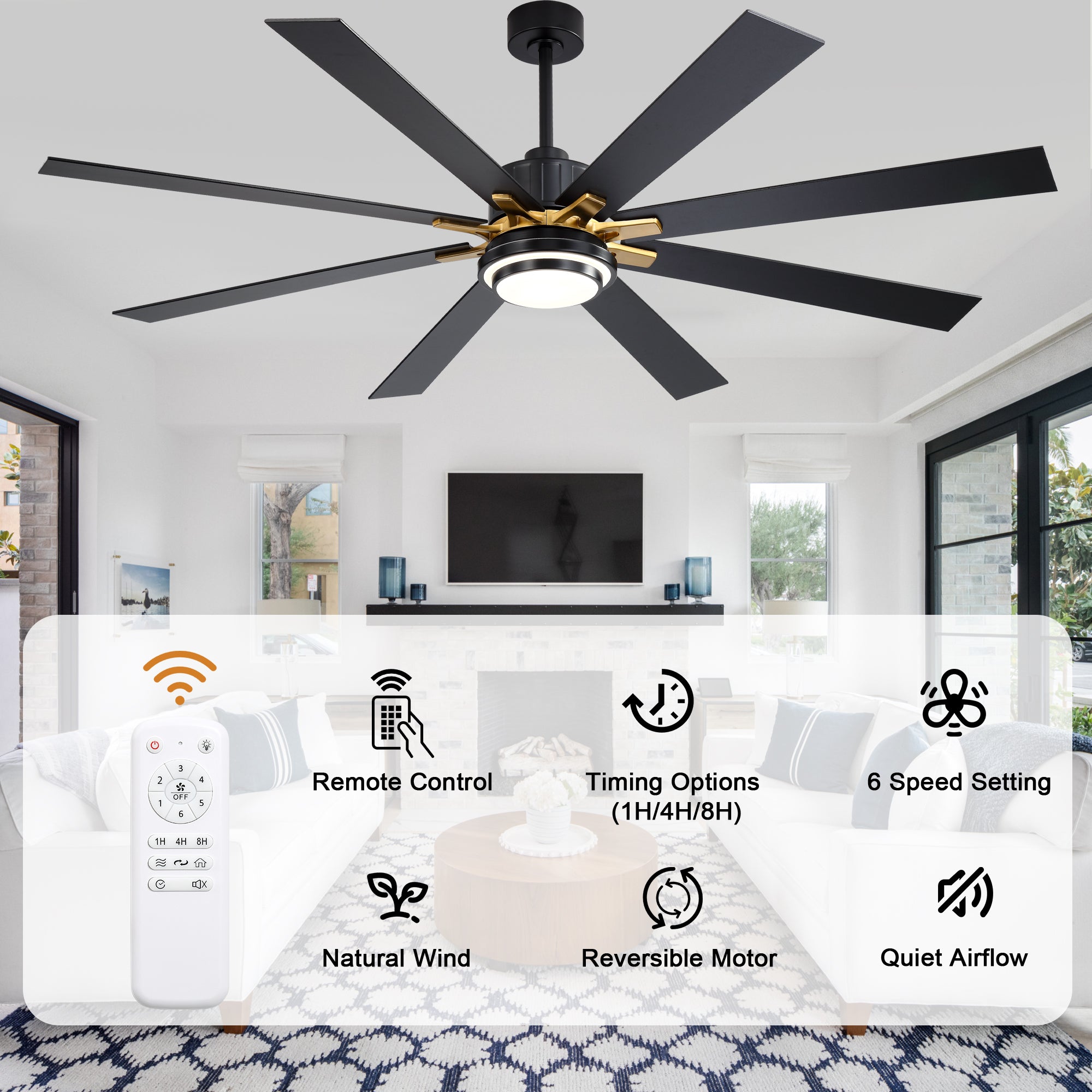 72 Inch Modern Ceiling Fan with LED Light and Remote Control, 6 Speeds DC Motor Reversible Large Ceiling Fan for Living Room