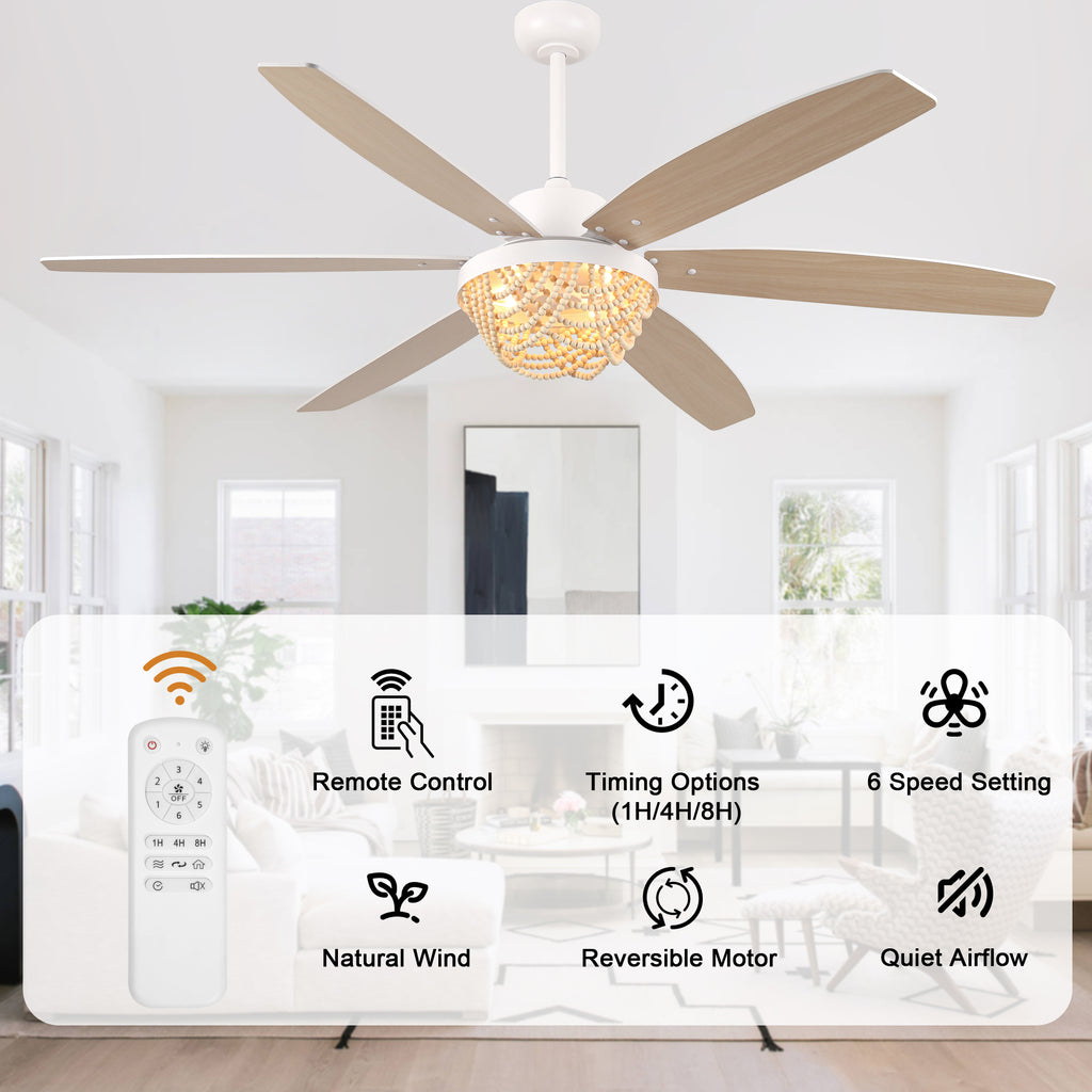 65 Inch White Bohemian  Ceiling Fan with Lights and Remote, 6 Speeds DC Motor Reversible Large Ceiling Fan for Living Room
