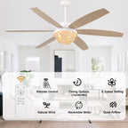 65 Inch White Bohemian  Ceiling Fan with Lights and Remote, 6 Speeds DC Motor Reversible Large Ceiling Fan for Living Room