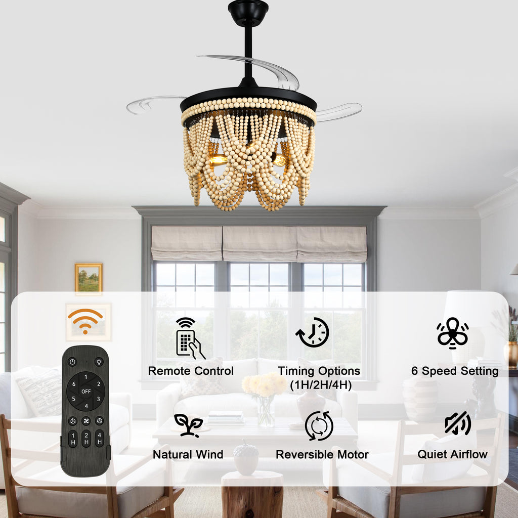 42 Inch Black/Gold/White Boho Retractable Ceiling Fan with Lights and Remote, 6 Speeds DC Motor Bladeless Ceiling Fan with Wood Beaded Shade