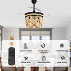 42 Inch Black/Gold/White Boho Retractable Ceiling Fan with Lights and Remote, 6 Speeds DC Motor Bladeless Ceiling Fan with Wood Beaded Shade