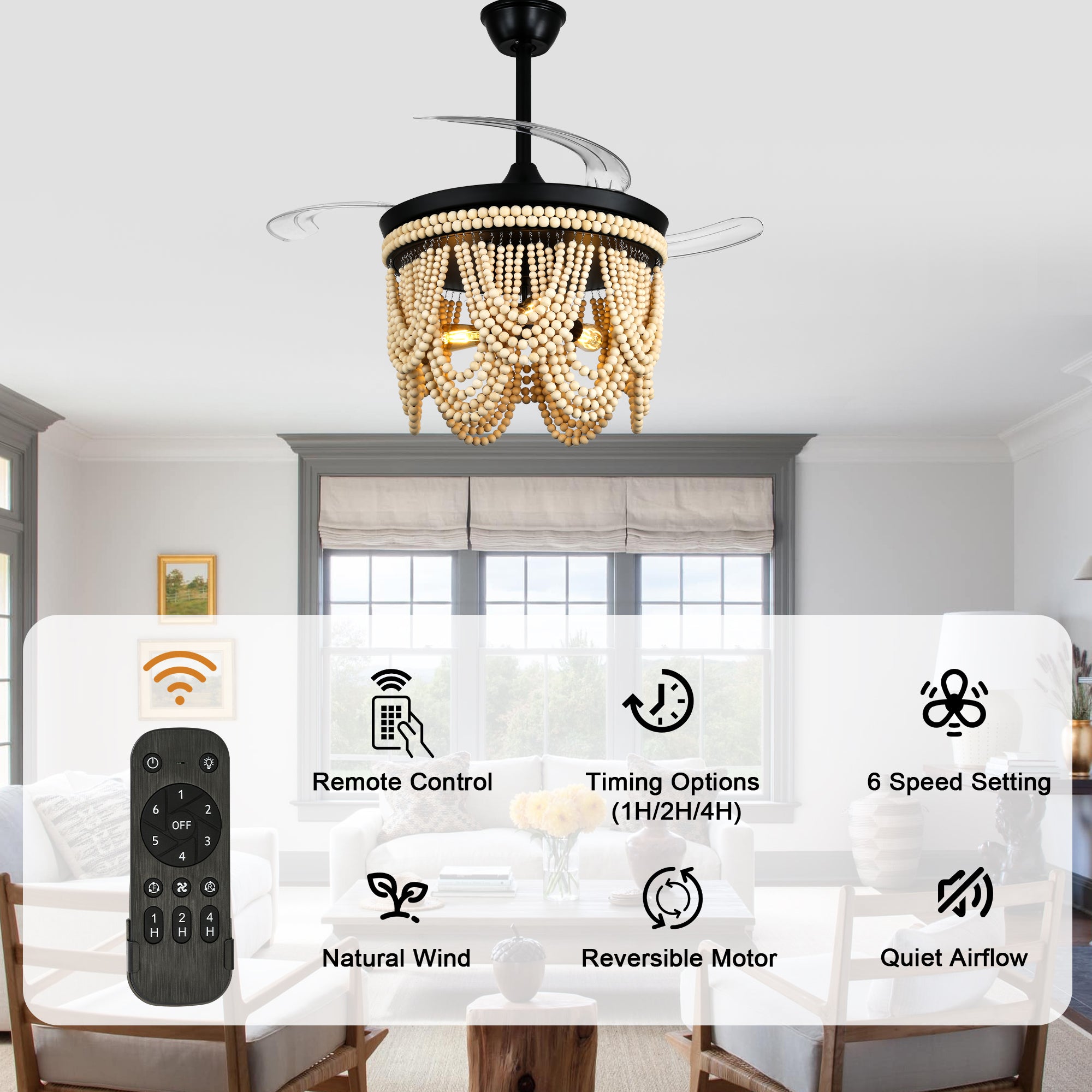 42 Inch Black/Gold/White Boho Retractable Ceiling Fan with Lights and Remote, 6 Speeds DC Motor Bladeless Ceiling Fan with Wood Beaded Shade