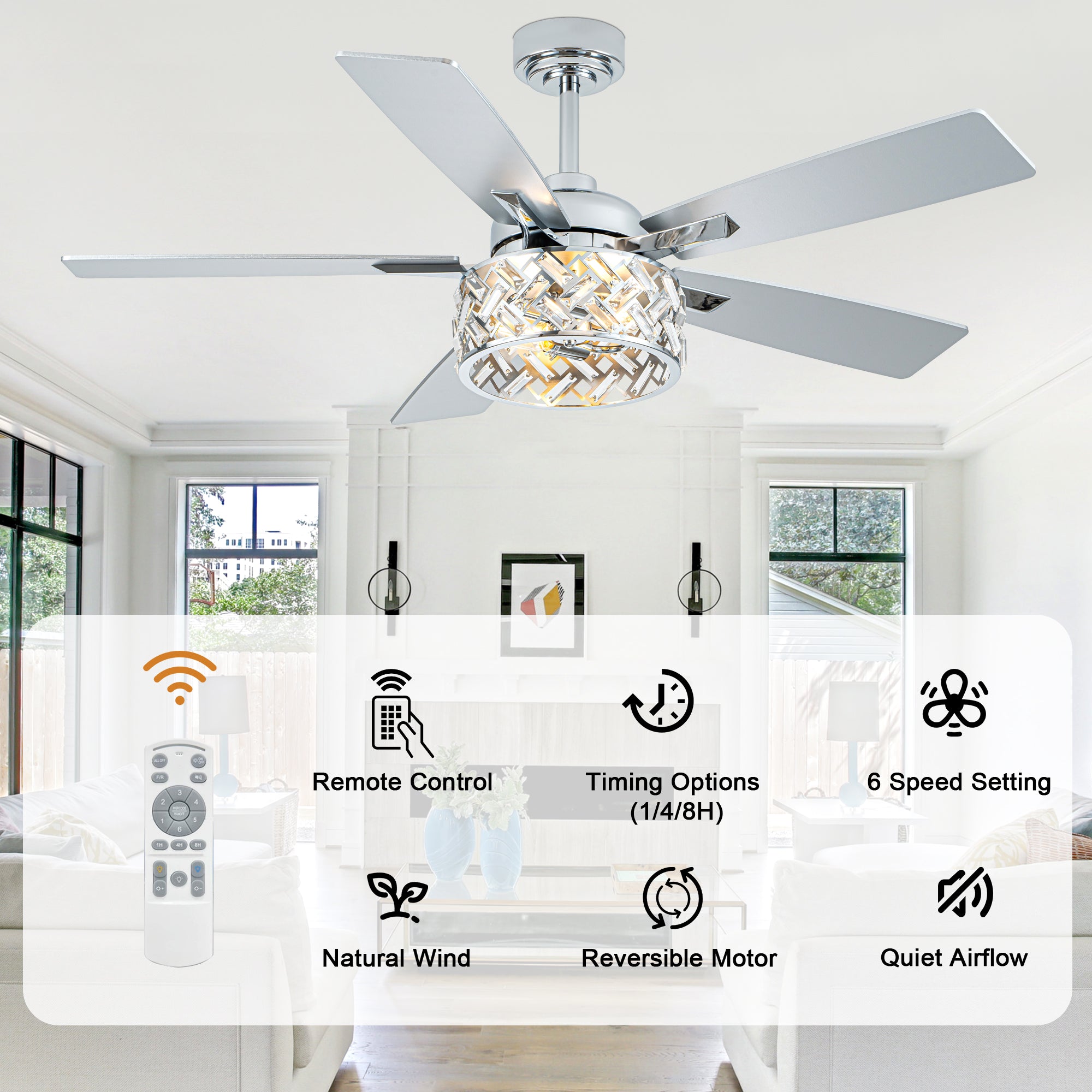 52 Inch Chrome Modern Luxury Crystal Ceiling Fan with Lights and Remote Control, 6 Speeds DC Motor Ceiling Fan