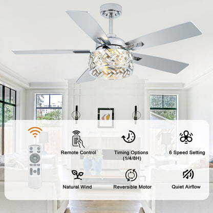 BellaDepot 52" Luxury Crystal Caged Chrome Ceiling Fan with Remote Control, 6 Speeds Ceiling Fan with Lights for Living Room- DC5228-MD