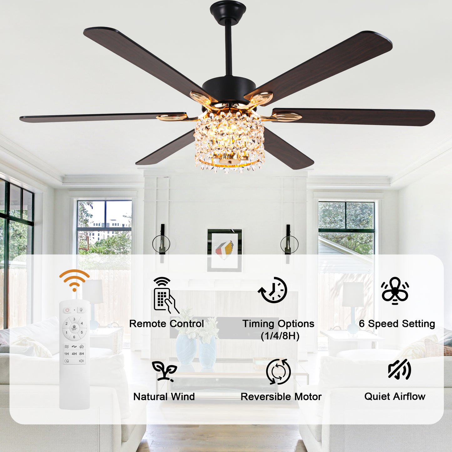 BellaDepot 65" Luxury Crystal Shape Flower Caged Ceiling Fan with Remote Control and 3 Lights, Black or Silver Silent Straight Leaf Fan for All Seasons - DC6510-B/C