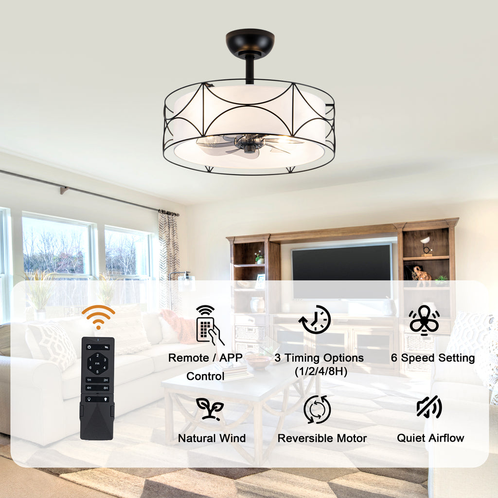 Bohemia Style 20 Inch Caged Retractable Ceiling Fan with Light Quiet Reversible DC Motor 6 Speed Timer Remote Control Ceiling Fan Adjustable Down Rods Ceiling Fan Suit for Kitchen, Bedroom,Living Room